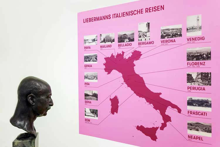 Exhibition wall showing the cities Max Liebermann visited in Italy. Max Liebermann Society Berlin. Photo: Thomas Lingens.