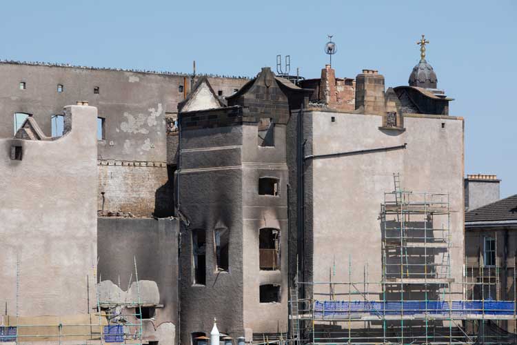 The Glasgow School of Art Mackintosh Building, 11 July 2018, with finial still in situ. McAteer Photograph.