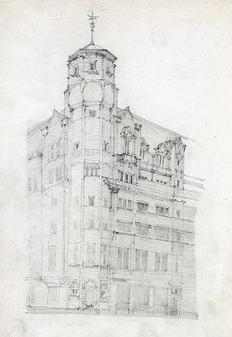Charles Rennie Mackintosh for Honeyman & Keppie, Perspective drawing of the Glasgow Herald Building (now The Lighthouse Centre for Design), 1893. Glasgow School of Art Archives & Collections.