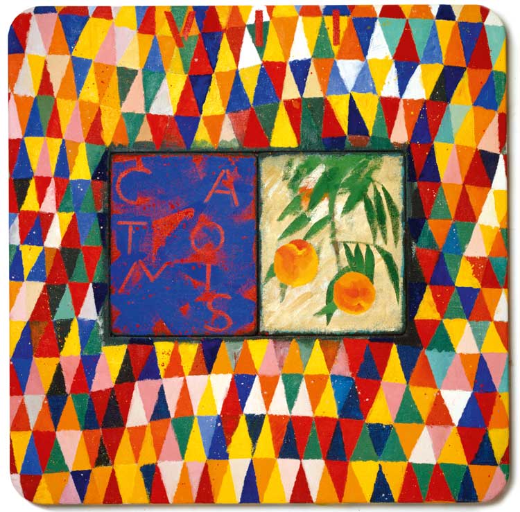 Joe Tilson, Conjunction Peschi, Catonis, 2003. Oil on canvas on wood, 138 x 138 cm. Cristea Roberts Gallery, London – Advanced Graphics, London. Photo: Tilson Family Archive. Page 162 in book. © Joe Tilson. All Rights Reserved, DACS 2023.