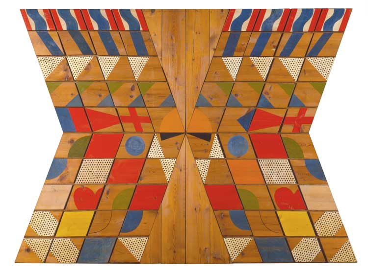 Joe Tilson, For Jos, January 1st, 1963. Oil on wood relief, 182.8 x 243 cm. Waddington Custot, London. Page 8 in book. © Joe Tilson. All Rights Reserved, DACS 2023.