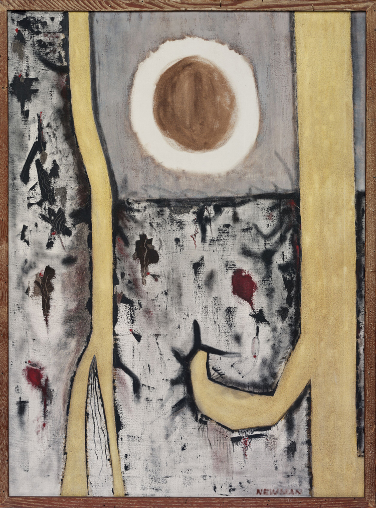 Barnett Newman, Genetic Moment, 1947. Oil on canvas, 96.5 x 71 cm. Fondation Beyeler, Riehen/Basel, Beyeler Collection. Gift of Annalee Newman, New York. © The Barnett Newman Foundation, New York / 2023, ProLitteris, Zurich. Photo: Cantz Medienmanagement, Ostfildern.