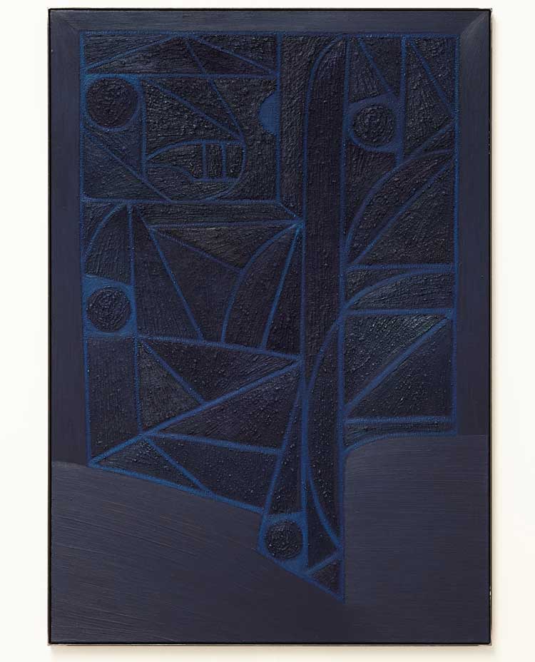 James Collins, Liquid Engineers 58, 2022. Acrylic and oil on canvas, 180 x 125 cm. Installation view, The Reason for Painting, Mead Gallery, Warwick Arts Centre, 2023. Photo: Luke Pickering.