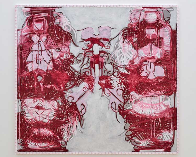 Melike Kara, Khorasan II, 2022. Oil stick and acrylic on canvas, 200 x 220 cm. Installation view, The Reason for Painting, Mead Gallery, Warwick Arts Centre, 2023. Photo: Luke Pickering.