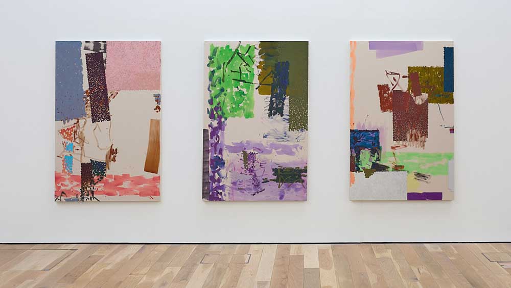 Mary Ramsden. Left to right: Dry white rectangles of moonlight; The end came and went; Like the sound of the wind in a movie. Each 170 x 110 cm, 2023. Installation view, The Reason for Painting, Mead Gallery, Warwick Arts Centre, 2023. Photo: Luke Pickering.