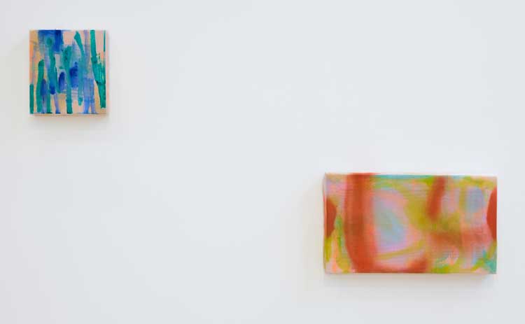 Betsy Bradley. Left: Through the Singing Trees, 2022. Oil on voile, 24.5 x 22.5 cm. Right: Secret Whispers, 2022. Acrylic and spray paint on voile, 29 x 51cm. Installation view, The Reason for Painting, Mead Gallery, Warwick Arts Centre, 2023. Photo: Luke Pickering.