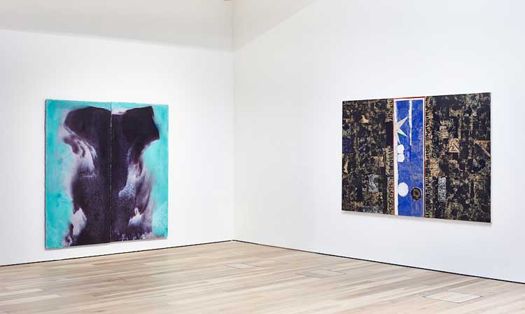 Left: Harminder Judge, Untitled (split cane and rising flame), 2021, plaster, polymer, pigment, scrim, oil, wax, 203 x 198 x 6 cm. Right: Sam Windett, Triptych (Star), 2023, Oil, acrylic, collage paper and canvas on linen, 235 x 153 cm. Installation view, The Reason for Painting, Mead Gallery, Warwick Arts Centre, 2023. Photo: Luke Pickering.