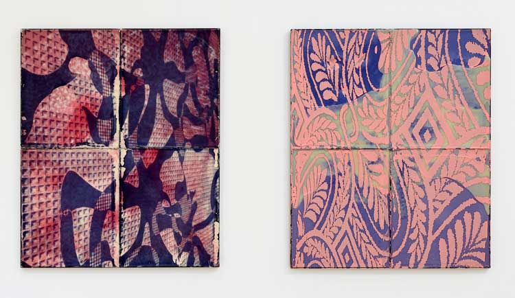 Ruairiadh O'Connell. Left: Paris, 2015, silkscreen on wax with metal tray, 120 x 100 x 2.5 cm. Right: Caesars Palace, 2015, silkscreen on wax with metal tray, 120 x 100 x 2.5 cm. Installation view, The Reason for Painting, Mead Gallery, Warwick Arts Centre, 2023. Photo: Luke Pickering.