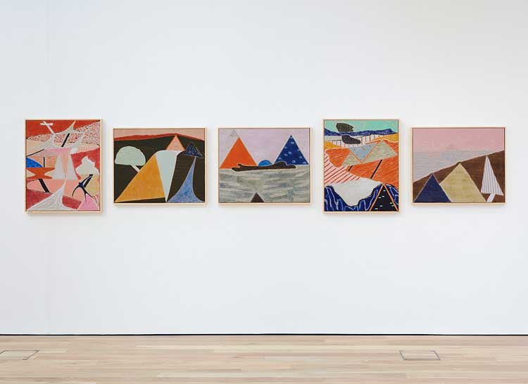 Rob Lyon. Left to right: Emergent; Tremulous in the Lord's Garden; Dioecy has Costs; To Cnut's Rear, Tumuli. Oil on linen. Installation view, The Reason for Painting, Mead Gallery, Warwick Arts Centre, 2023. Photo: Luke Pickering.