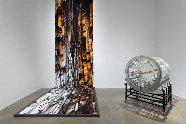 Alice Channer, Soft Sediment Deformation (Iron Bodies), 2023. Right: Planetary System (Kolzer DGK63"), 2019, installation view, Trickster Figures: Sculpture and the Body, MK Gallery, 2023. Photo: Rob Harris.