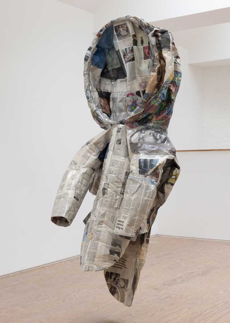 Taqralik Partridge, Build My Own Home, 2021 (detail). Tyvek, canvas, newsprint, tarpaulin, hula hoops, thread, dental floss, synthetic sinew, silver teaspoons. Courtesy the artist. Photo: Rob Harris.