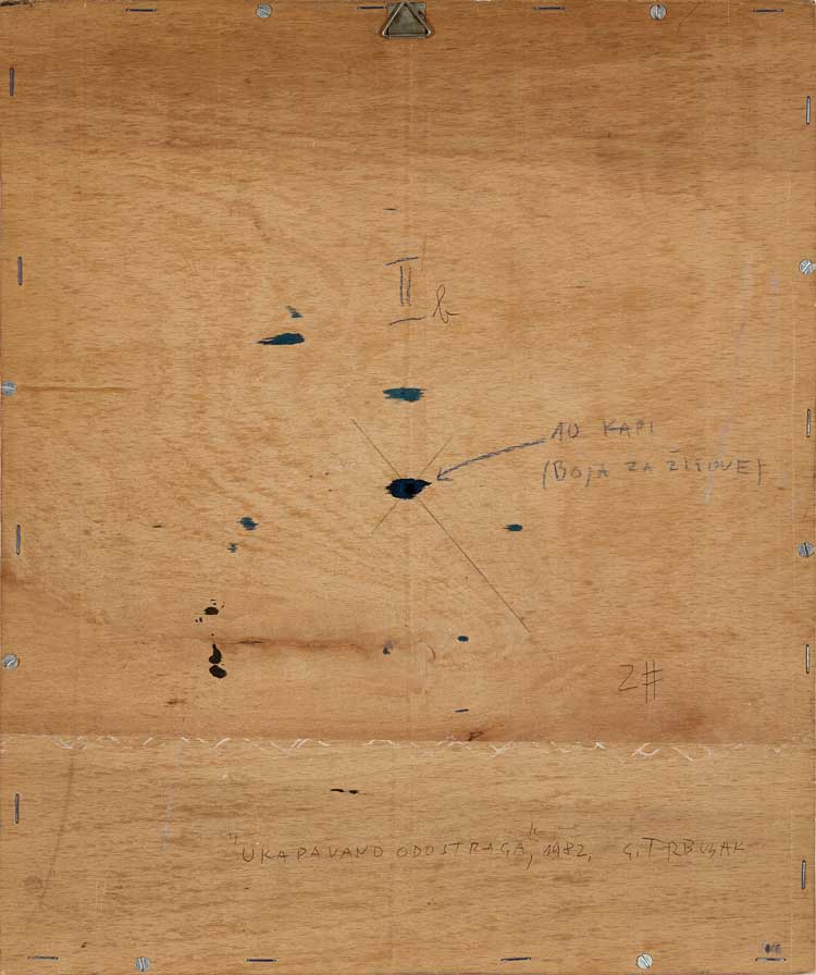 Goran Trbuljak. Dropwise from behind. 10 drops of color for stamps dripping through a hole on the back, 1982. Acrylic on canvas, wood, glass, 38 x 31 x 5. Photo: Carlo Favero.