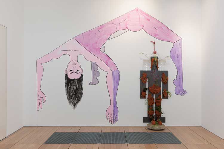 Saelia Aparicio, Proposal of a monument to alien species, 2022. Terracotta, plywood, graphite, mouth-blown glass, water, soil, butterfly bush (buddleia davidii), Hottenton fig (Carpobrotus edulis), spiderwort (tradescantia zebrina variegata, tradescantia fluminensis), ivy-leaved toadflax (cymbalaria muralis), mother of thousands (Bryophyllum Daigremontianum), wood sorrel (Oxalis pescaprae), spider plant (chlorophytum comosum), Dalmatian bellflower (Campanula portenschlagiana), glass lamp. Photo: Rob Harris.