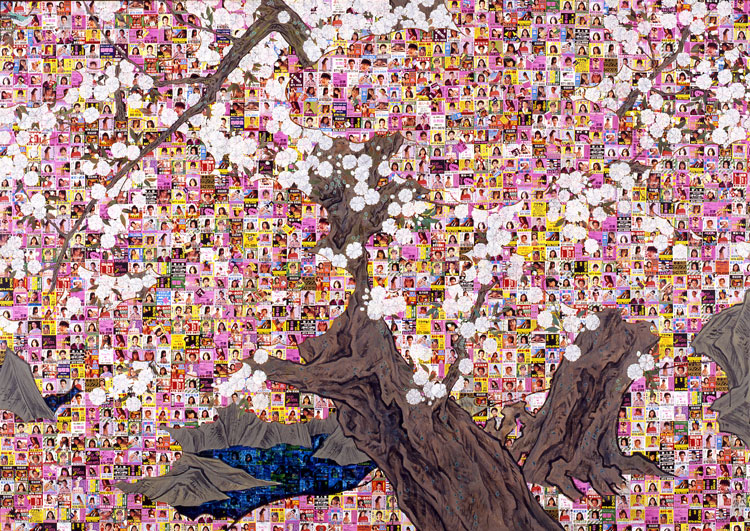 Aida Makoto. Uguisudani-zu, 1990. Panel, sex phone calling cards, Japanese mineral pigment, acrylic
Private Collection © Aida Makoto, courtesy the artist and Mizuma Art Gallery.
