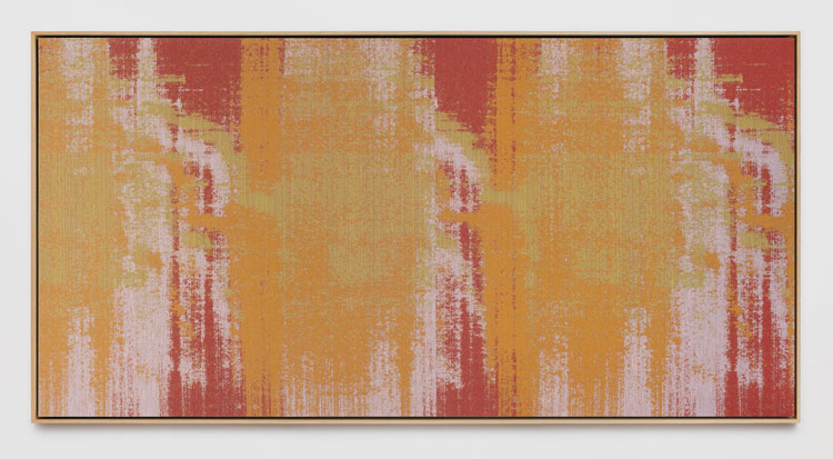 Mika Tajima. Negative Entropy (TAE, Cryopump, Pink, Full Width, Hex), 2020. Cotton, wool acoustic baffling felt, and white oak, 141.9 x 279.1 x 7.5 cm (55 7/8 x 109 7/8 x 3 in). Image courtesy of the artist and Kayne Griffin Corcoran. Copyright of the artist.
