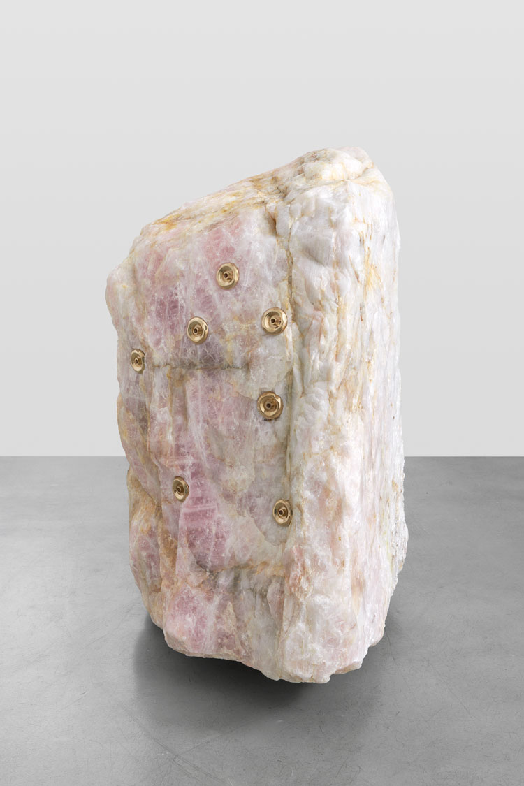 Mika Tajima. Pranayama (Monolith, E, Rose Quartz), 2020. Rose quartz, cast bronze jet nozzles, 91.4 x 55.9 x 63.5 cm (36 x 22 x 25 in). Image courtesy of the artist and Kayne Griffin Corcoran. Copyright of the artist.