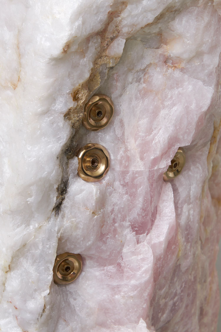 Mika Tajima. Pranayama (Monolith, E, Rose Quartz), 2020 (detail). Rose quartz, cast bronze jet nozzles, 91.4 x 55.9 x 63.5 cm (36 x 22 x 25 in). Image courtesy of the artist and Kayne Griffin Corcoran. Copyright of the artist.