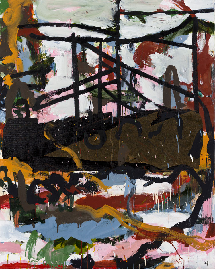 Ann Thomson. High wire, 2019. Acrylic and collage on linen, 153 x 122 cm. © the artist.
