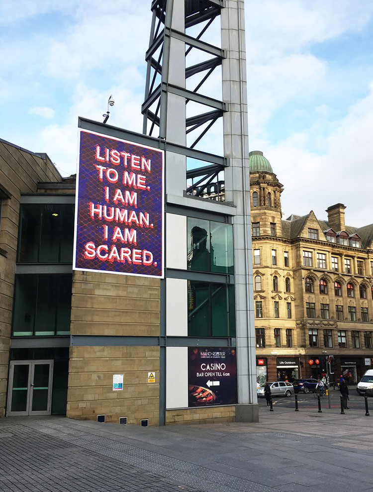 Mark Titchner. Listen to me, 2017. Digital print. Installation view, Manchester.