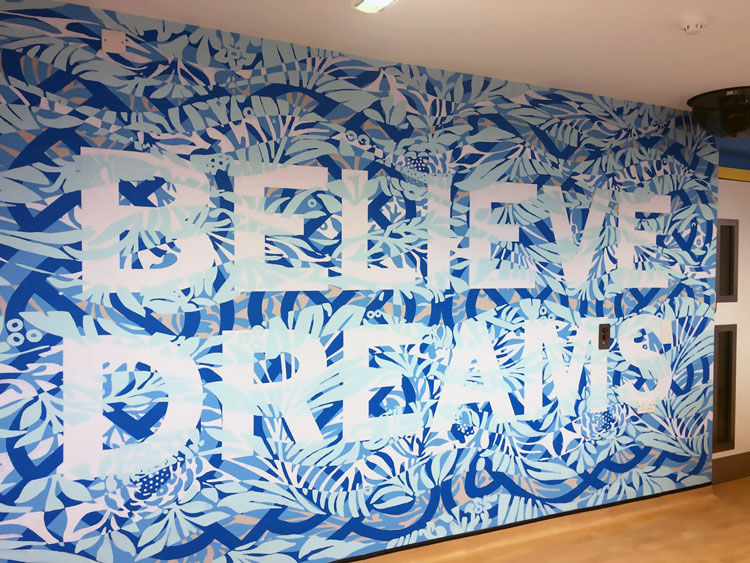 Mark Titchner. Believe dreams, 2017. Wall drawing. Installation view, Snowsfield Ward, Maudsley Hospital, London.