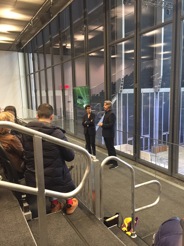 Elizabeth Diller and David Rockwell speaking in the small lecture / performance space at the opening of The Shed. Photo: Jill Spalding.