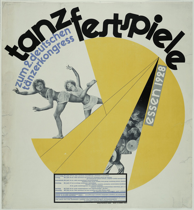 Max Burchartz. Tanzfestspiele zum 2. Deutschen tänzerkongress Essen 1928 (Dance Festival at the Second German Dance Congress) poster, 1928. Printed by F. W. Rohden, Essen. Photolithograph. The Museum of Modern Art, New York, Purchase Fund, Jan Tschichold Collection, 326.1937. Digital Image © The Museum of Modern Art/Licensed by SCALA / Art Resource, NY. © 2018 Artist Rights Society (ARS), New York / VG Bild-Kunst, Bonn.