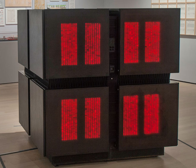 Thinking Machines Corporation, Waltham, Massachusetts. Danny Hillis, Tamiko Thiel, Gordon Bruce, Allen Hawthorne, and Ted Bilodeau. CM-2 Supercomputer. 1987. Steel, plexiglass, and electronics. The Museum of Modern Art, New York. Gift of Midori Kono Thiel, Mary Austin in honor of Tamiko Thiel, The Aaron and Betty Lee Stern Foundation, and anonymous. Photograph: Stephen F. Grohe.