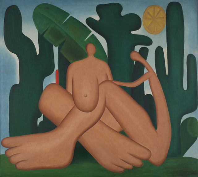 Tarsila do Amaral. Anthropophagy (Antropofagia), 1929. Oil on canvas, 49 5/8 x 55 15/16 in (126 x 142 cm). Acervo da Fundação Jose e Paulina Nemirovsky, em comodato com a Pinacoteca do Estado de São Paulo. © Tarsila do Amaral Licenciamentos.