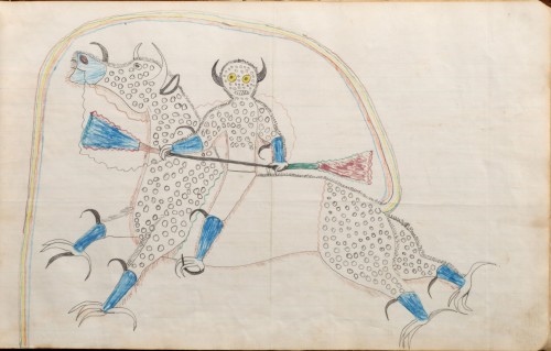 Drawing. Black Hawk (1832?-c1889?), Sans Arc Lakota (Teton Sioux), South Dakota. Dream or Vision or Himself Changed to a Destroyer or Riding a Bufalo Eagle, 1880–81. Paper, ink, graphite, 10 x 16 in (25.4 x 40.6 cm). Cooperstown (New York), Fenimore Art Museum, The Thaw Collection, gift of Eugene V. and Clare E. Thaw. Photograph: New York State Historical Association, Fenimore Art Museum/John Bigelow Taylor. (Cat.85).