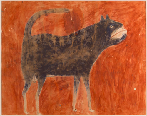 Bill Traylor. Untitled (Dog on Red Background), Montgomery, 1939–1942. Poster paint and pencil on cardboard, 21 1/2" x 27 1/4 in. Collection of Susan and Jerry Lauren. Photograph: Adam Reich.