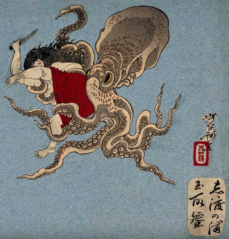 Taiso Yoshitoshi, A Woman Abalone Diver Wrestling With an Octopus, c1870. Source: Wellcome Collection.
