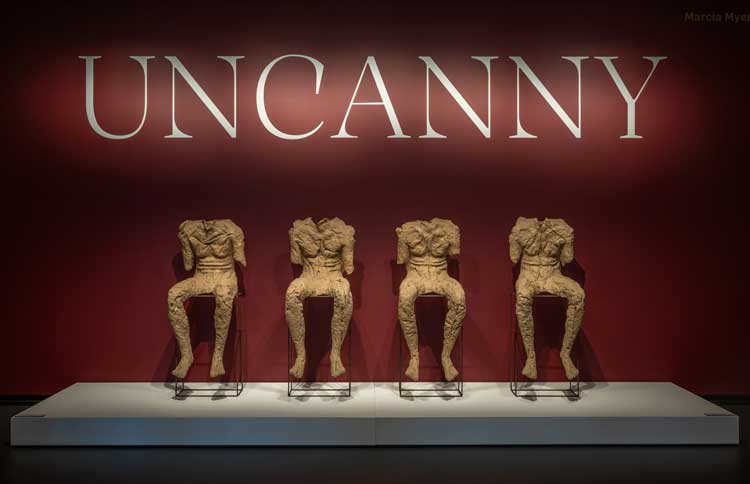 Magdalena Abakanowicz, 4 Seated Figures, 2002. Burlap, resin, and iron rods, 53 1/2 x 24 1/4 x 99 1/4 in. National Museum of Women in the Arts. © Magdalena Abakanowicz. Installation view of Uncanny at the National Museum of Women in the Arts, Washington D.C. 28 February – 10 August 2025. Photo: Kevin Allen Photography for NMWA.