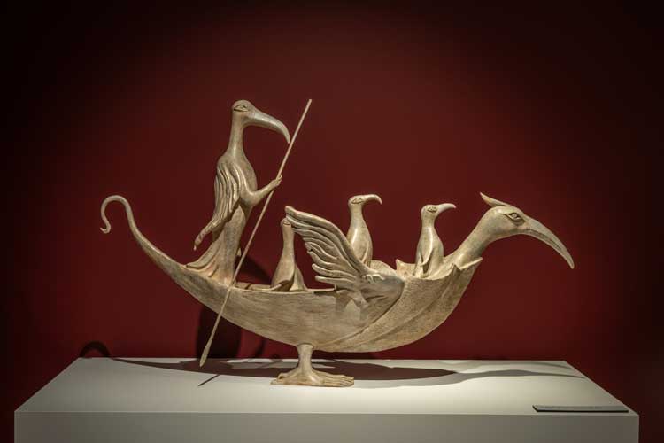 Leonora Carrington, The Ship of Cranes, 2010. Bronze, 26 x 14 x 42 1/2 in. Installation view of Uncanny at the National Museum of Women in the Arts, Washington D.C. 28 February – 10 August 2025. Photo: Kevin Allen Photography for NMWA.