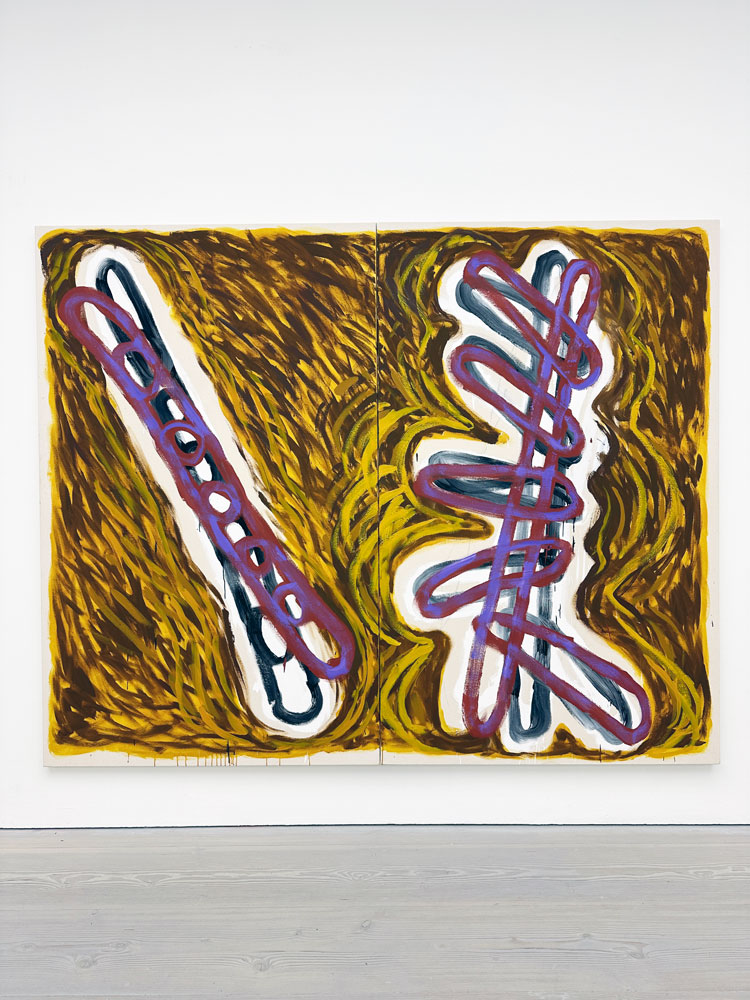 Basil Beattie, Union, 2020. Installation view, Unreal City: Abstract Painting in London, Saatchi Gallery, London, 2024. Photo: Martin Kennedy.