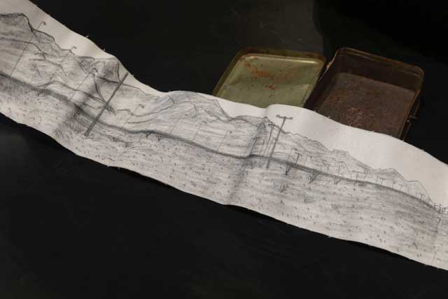 An unfurled drawing. Abdullah Al Saadi: Sites of Memory, Sites of Amnesia. Image Courtesy of National Pavilion UAE, Venice Biennale 2024. Photo: Ismail Noor of Seeing Things.