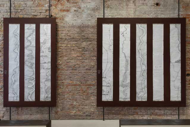 The Purl and Silk Journey, scrolls and drawings. Abdullah Al Saadi: Sites of Memory, Sites of Amnesia. Image Courtesy of National Pavilion UAE, Venice Biennale 2024. Photo: Ismail Noor of Seeing Things.