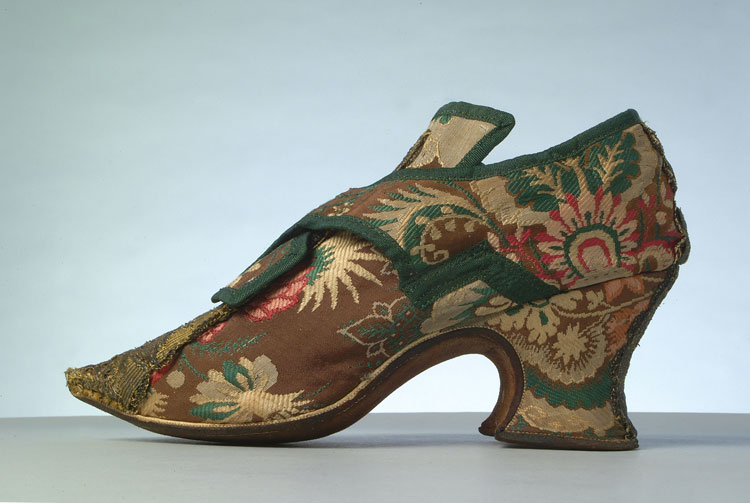 Brocade Shoe without Clog, 1735-45. Brocaded silk. © The Olive Matthews Collection, Chertsey Museum. Photo: John Chase Photography.