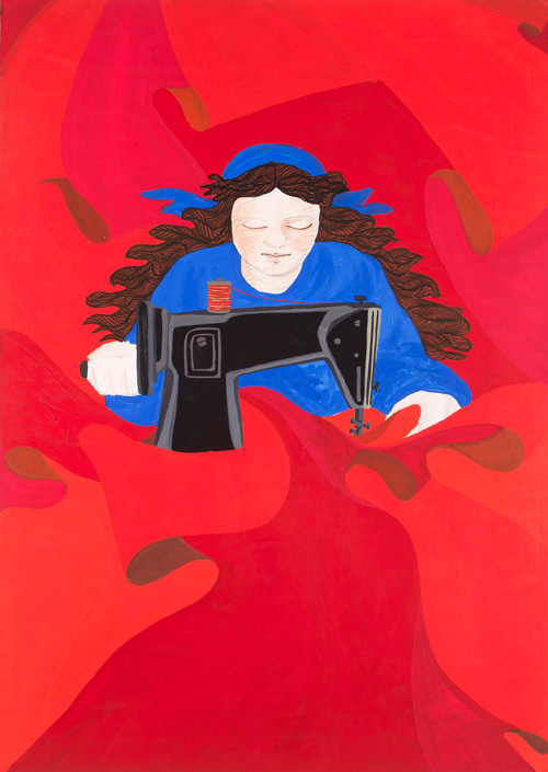 Gülsün Karamustafa. First of May (Woman Constantly Sewing Red Flags with Her Sewing Machine), 1977. Mixed media on paper, 32¼ x 24½ in. Courtesy of the artist and Rampa Gallery, Istanbul. © Gülsün Karamustafa, image provided by the artist.