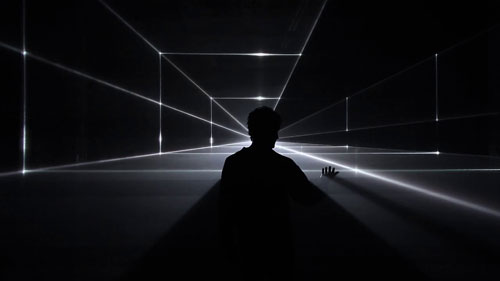 United Visual Artists: Vanishing Point. Installation view (5), 2013. RGB laser, black voile, code. Photo courtesy of the artists.