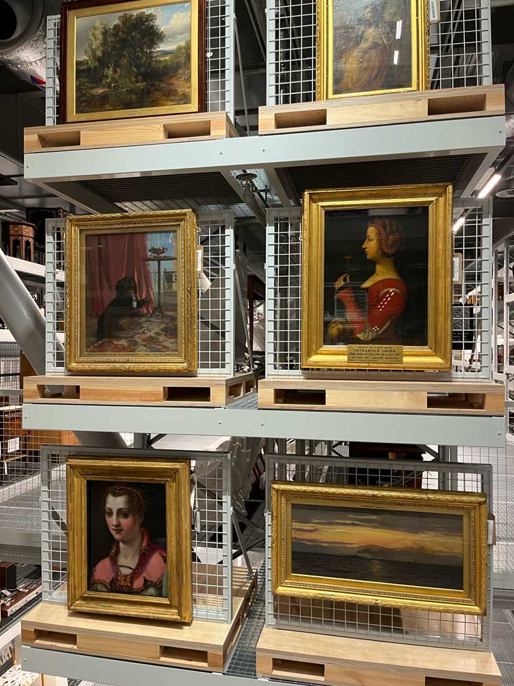 V&A East Storehouse. A set of masterpieces displayed on the crate and pallet system used throughout. Photo: Veronica Simpson.