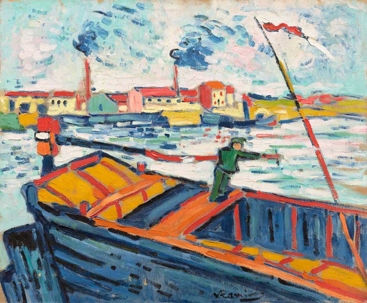 Maurice de Vlaminck. Canal Boat, 1905/06. Oil on canvas, 60.2 × 73 cm. Artizon Museum, Ishibashi Foundation, Tokyo. © VG Bild-Kunst, Bonn 2024.