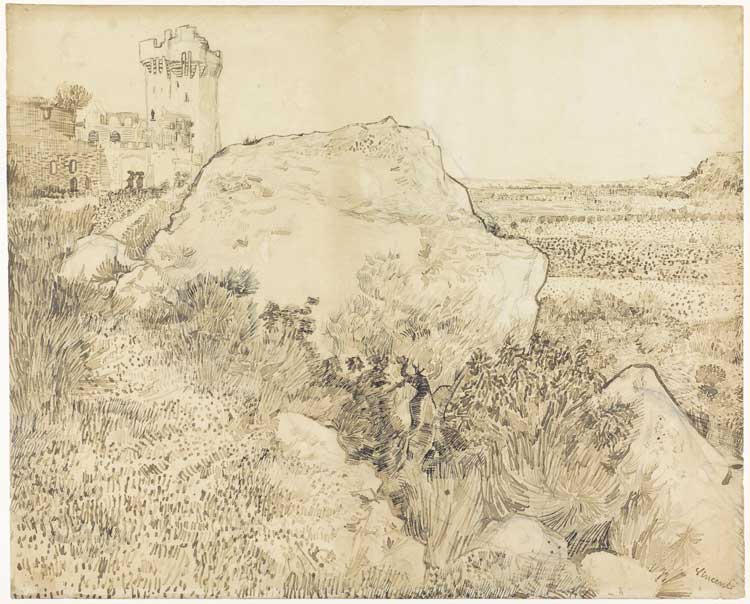 Vincent van Gogh, Landscape near the Abbey of Montmajour, 1888. Chalk, ink, pencil, 48.3 × 59.8 cm. © Rijksmuseum, Amsterdam.
