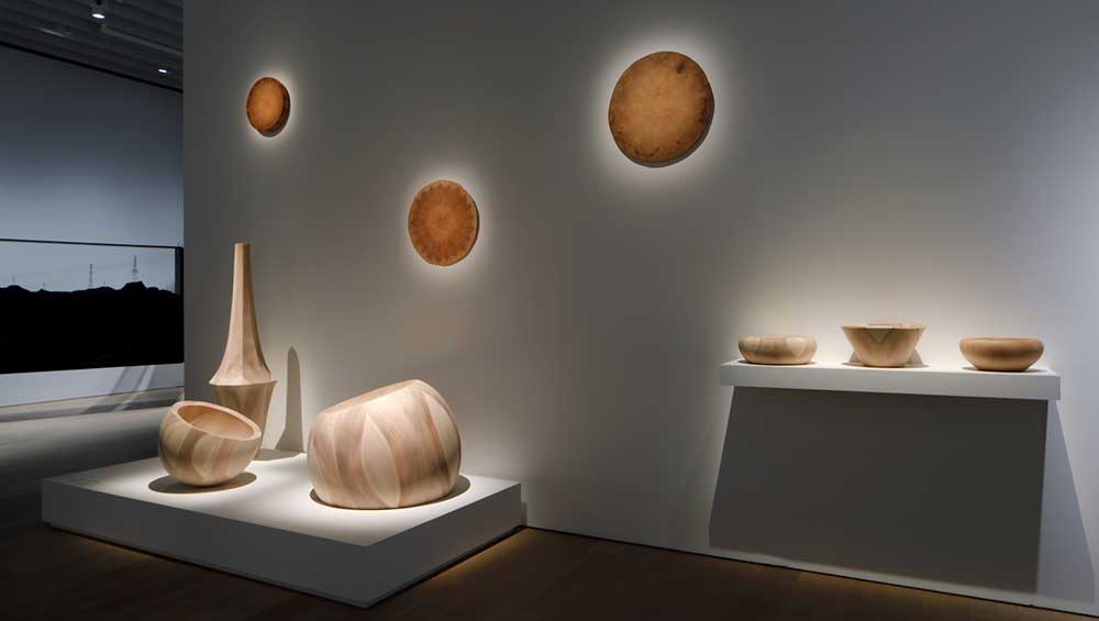 Shuji Nakagawa. Installation view of Moon from the series Born Planets, 2022. Cedar wood. Photo: Koroda Takeru.