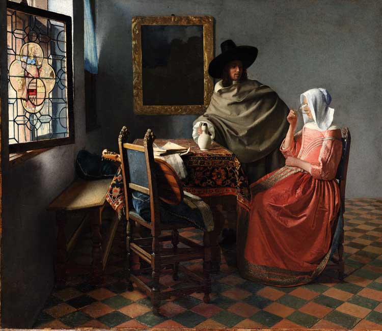Johannes Vermeer, The Glass of Wine, c1659-61. Oil on canvas. Staatliche Museen zu Berlin – Gemäldegalerie.