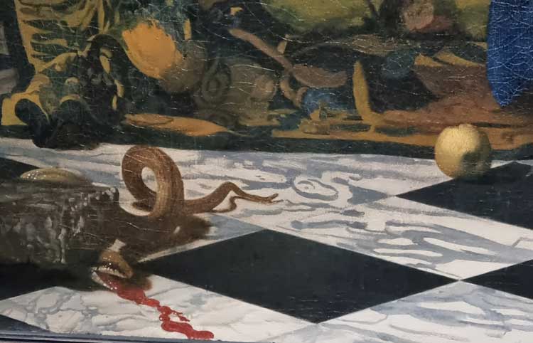 Johannes Vermeer, Allegory of the Catholic Faith, c1670-74 (detail). Installation view, Rijksmuseum, Amsterdam, 2023. Photo: Juliet Rix.