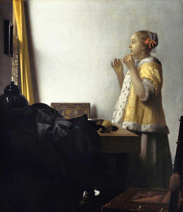 Johannes Vermeer, Woman with a Pearl Necklace, c1662-64. Oil on canvas. Staatliche Museen zu Berlin – Gemäldegalerie.