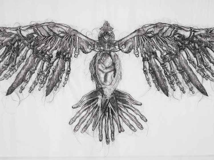 Angela Su. Laden Raven (detail), 2022. Hair embroidery on fabric, 290 x 140 cm. Commissioned by M+, Hong Kong. Photo: Lok Cheng, courtesy of M+, Hong Kong.