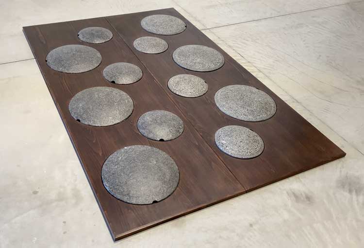 Niamh O’Malley: Gather. Covers, 2022. Limestone, beech veneered MDF, 5 x 193.5 x 127.5 cm. Installation view, Irish Pavilion, Venice Biennale 2022. Photo: Martin Kennedy.