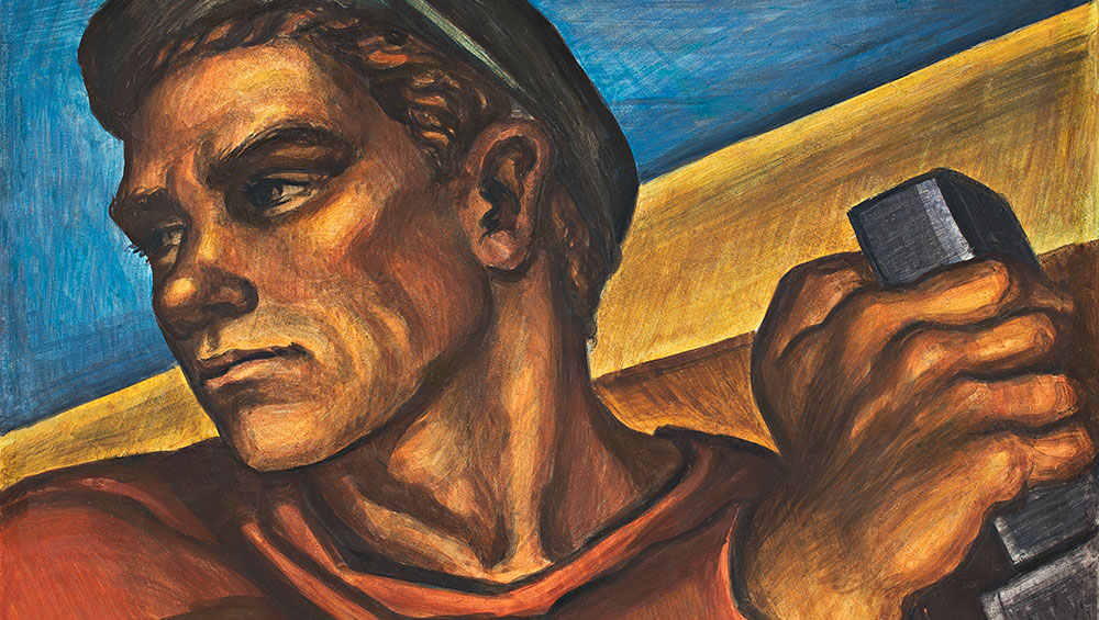 Marion Greenwood. Construction Worker (study for Blueprint for Living, a Federal Art Project mural, Red Hook Community Building, Brooklyn, New York), 1940. Fresco mounted on composition board, 18 x 24 1/2 in (45.7 x 62.2 cm). Frances Lehman Loeb Art Center, Vassar College, Poughkeepsie, New York; gift of Mrs. Patricia Ashley.