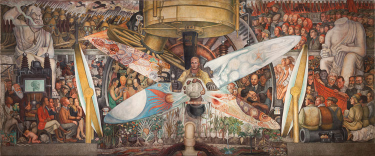 Diego Rivera, Man, Controller of the Universe, 1934. Fresco, 15 ft 9 in × 37 ft 6 in (4.8 × 11.4 m). Palacio de Bellas Artes, INBAL, Mexico City. © 2020 Banco de México Diego Rivera Frida Kahlo Museums Trust, Mexico, D.F. / Artists Rights Society (ARS), New York. Reproduction authorized by El Instituto Nacional de Bellas Artes y Literatura, 2020.